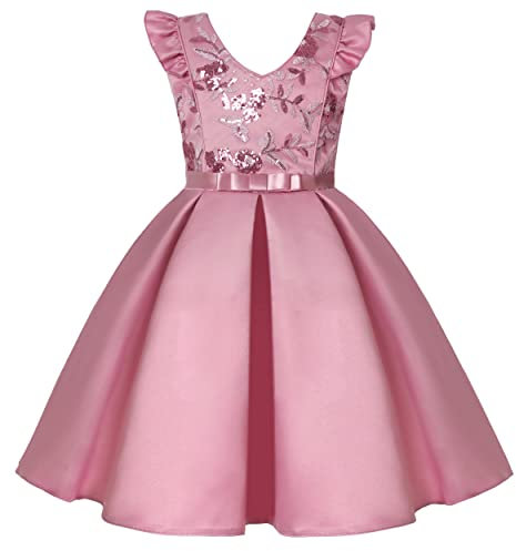 BUNNY LULU Filles Robe inclinée épaule Demoiselle d’honneur Mariage Princesse Arc des Enfants Bal d’Anniversaire soirée Spectacle al Ginocchio（Rosa, 13-14 Anni）