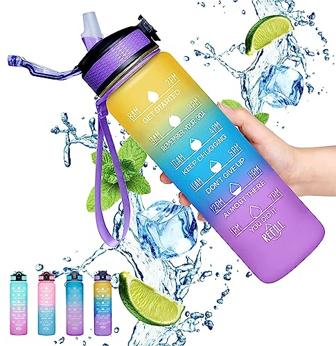 Gaiayhc Bouteille d'eau de sport de 1 litre, bouteille d'eau motivante avec marqueur de temps et paille, bouteille anti-fuite, bouteille d'eau avec marquages de temps et filtre, le camping