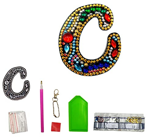 MEDOYOH Buchstaben C DIY Diamantmalerei Schlüsselanhänger, Retro Diamond Painting Buchstabe Schlüsselanhänger Acryl DIY Kunst Strass Diamant für Anhänger Tasche Dekor Brosche