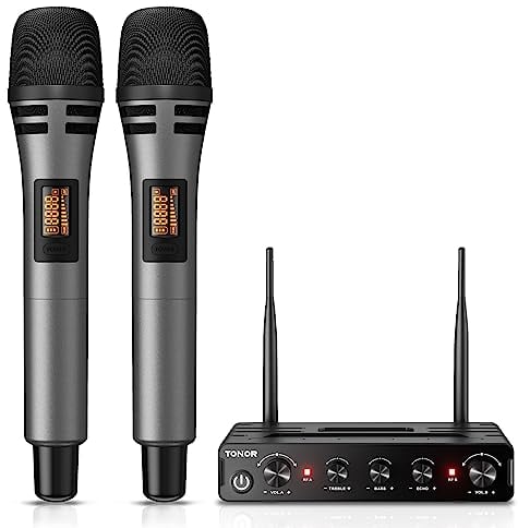 TONOR Dual Funkmikrofonen System kabellos, drahtloses Karaoke Mikrofon Set Wireless Microphone Handmikrofon dynamisch mit Empfänger für Hochzeit Party Kirche Vortrag Bühne Reden Konferenz TW350 Grau