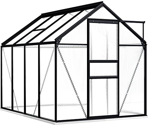 HOMIUSE Gewächshaus mit Fundamentrahmen Anthrazit Aluminium 4,75 m³ 190x250x202 cm Gewächshaus Glas Balkon Gewächshaus Winterfest Gewächshaus Heizung Gewächshäuser Gewächshaus Groß Glashaus