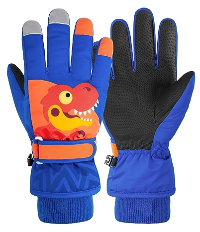 Durio Kinder Ski Handschuhe Winter Skihandschuhe Winddicht Wasserdicht Warm Handschuhe Junge Mädchen Outdoor Sports Schneehandschuhe Saphirblau Dinosaurier 4-6 Jahre