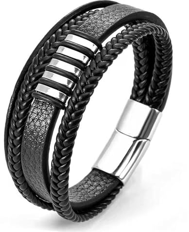 Mochity Armband Herren, Lederarmband Herren Schwarz, Viking Herrenarmband, Armbänder Armband Edelstahl Für Herren, Männer Geschenke (D)