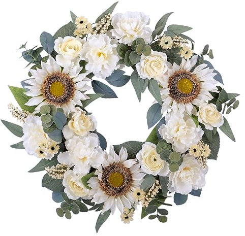 FLOROAD 24 inch Spring Summer Door Wreath, Artificial Sunflower Peony Flower Wreath Spring/Summer Front Door Decoration, EAW061167A