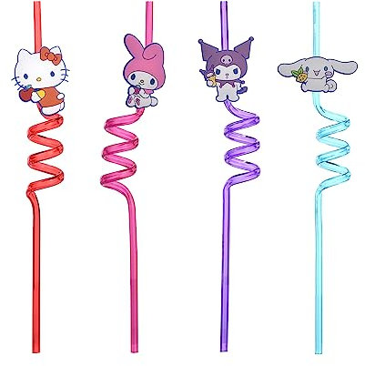 Hello Kitty Strohhalm Hartkunststoff - 2x4 Stück mit buntem Design - Wiederverwendbare Hello Kitty Strohhalme - Eiscreme Obst Party Strohhalme für Geburtstagsfeier Party Deko Weihnachten Party Zubehör