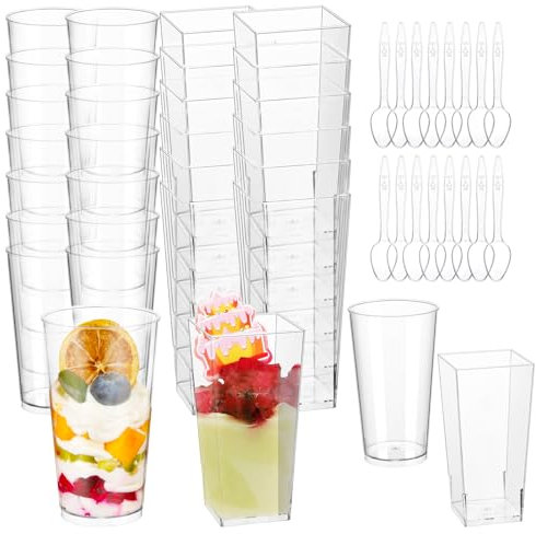 mwellewm 150 Packs Mini Dessert Cups with Spoons, 3oz Clear Plastic Dessert Parfait Cups for Parties, Small Dessert Shooters Fruit Ice Cream Pudding Treat Appetizer Cups (Round, Square)