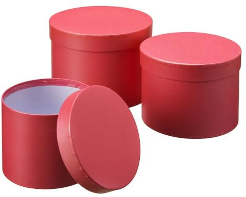 Floralcraft Set of 3 Round Lined Symphony Hat Boxes with Lids (Red), Empty Storage Boxes Cardboard Florist Hat Boxes Jewellery Boxes for Wedding Anniversary Valentines Gift Christmas