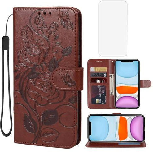 Yerebel for iPhone 11 Case 6.1 Wallet Case with Tempered Glass Screen Protector, Flower Leather Flip Protective Case Credit Card Holder Stand Phone Cover for iPhone 11 Brown