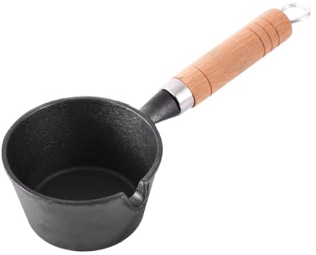 Sturdy Cast Iron Mini Butter Melting Pot with Dripless Spout, Wooden Handle Nonstick Wide Application for Omelette, Cooking Oil, Soup, Milk, Butter Melting