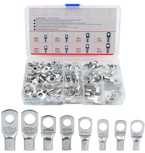 Uadme Tinned Copper Wire Lugs Kit, 130Pcs Bolt Hole Tinned Copper Terminals Set, Crimp Battery Cable Ends, Ring Terminal Connectors Assortment Kits, with Storage Box, for Marine, Automotive, Electric