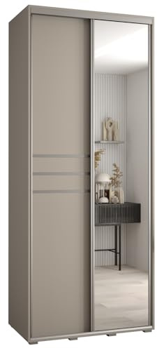 MEBLE KRYSPOL Dakota 11 Schrank mit Zwei Schiebetüren - Moderner Kleiderschrank mit Spiegel, Kleiderstange und Regalen - 235,2x110x45cm - Kaschmir Silber
