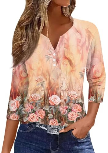 YunYoud Temu Shop Kleidung Damen Hemdbluse Damen T-Shirts Damen Tunika Sommer V-Ausschnitt Blumen Bedruckt Basic T Shirt Trachtenbluse Sommer Oberteile Longshirt Poloshirt (Orange, XL)