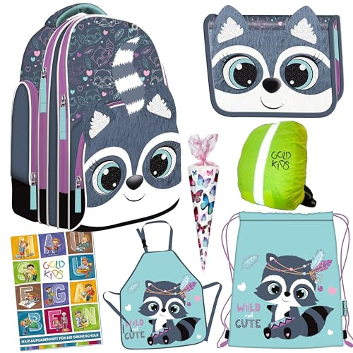 Goldkids - Schulranzen für Jungen und Mädchen ab 1 Klasse - Schul-Rucksack für Kinder mit Waschbär-Motiv - Federmäppchen - Schuhbeutel - Schürze Zuckertüte - Regenschutz Hausaufgabenheft 1-3 Klasse