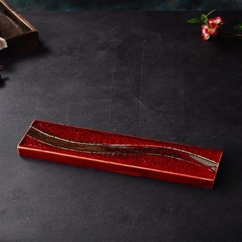 JKUHA Japanese Sushi Plate, Rectangular Ceramic Yakitori Sashimi Grill Plate, Dessert Long Plate, Creative Cooking Tableware(14 * 3.3inch red)