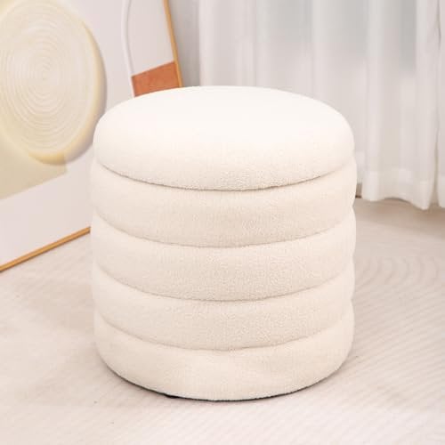 Hanstore Teddy Velvet Round Ottoman, Small Ottoman Storage, Boucle Storage Ottoman, Storage Bench, Bed End Stool, Cube Ottoman for Living Room, Makeup Room, Bedroom - White