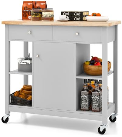 GOPLUS - Carro de cocina con ruedas abiertas, cajones y armario, carro de cocina con 2 ruedas con frenos, encimera de madera de caucho para comedor, salón (gris)