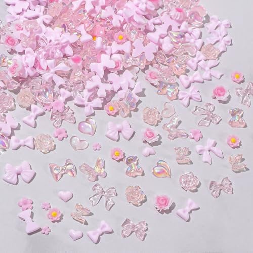 3D Nail Charms,400PCS Multi Shapes Flower Flower Bow Bear Moon Heart Nail Art Charms Nail Rhinestones Charms,Resin Nail Charms for Nail Art Decorations DIY Crafts Jewelry Accessories (Pink)