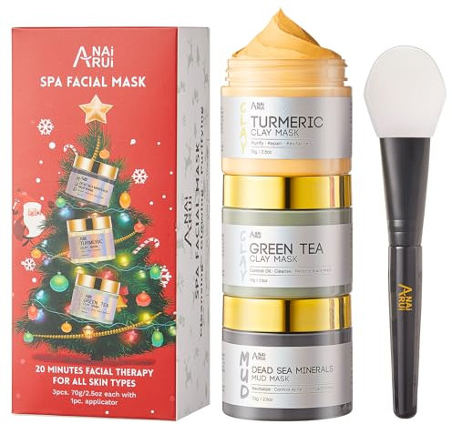 ANAiRUi Face Mask Gift Set for Christmas 70g*3, Turmeric Clay Mask - Green Tea Clay Face Mask - Dead Sea Minerals Mud Mask, 210 G