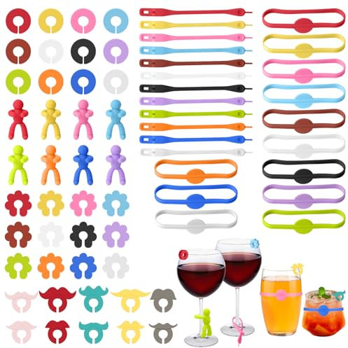 Glasmarkierer 68 Stück Gläser Markieren, Gläser Markieren Glas Markierung Trinkgläser Glasmarker Glasmarkierer Silikon Glasmarkierer & Anhänger für Weinglas Tassen Trinkglas Cocktailglas Martini-Glas