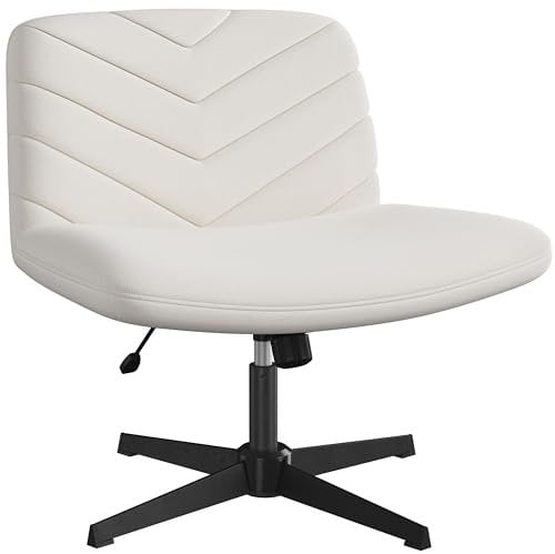 Yaheetech Wide Seat Cross Legged Office Chair, Adjustable Armless Office Chairs with No Wheels, Vanity Chair Criss Cross Chair Swivel Computer Chairs, Beige