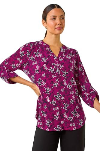 Roman Originals Shirt for Women UK Ladies Top Collarless Blouse Stretchy Tunic Smart Casual Autumn Winter Jersey 3/4 Length Sleeve Notch V Neck Flattering Office Work - Magenta - Size 10