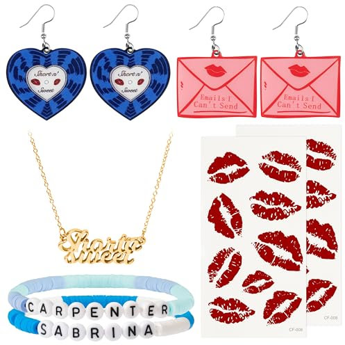 Short n' Sweet Concert Earrings for Women Fans Jewelry Set - Short and Sweet Concert Album Inspired Necklace Acrylic Pink Emails Earrings Bracelets Accessories for Costume Outfit Dress Decorations,