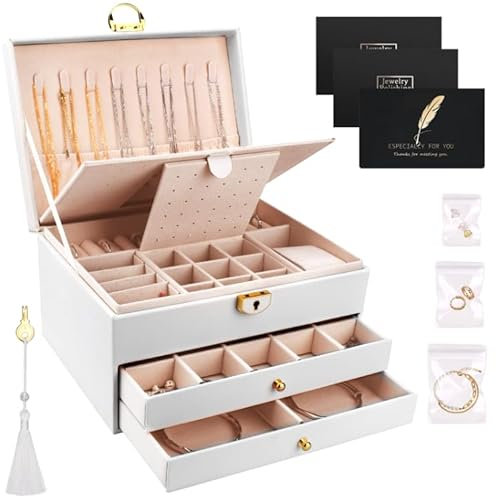 TEGOVE Schmuckkästchen 3 Ebenen,Schmuckaufbewahrung,Schmuckbox,Schmuck Organizer,Schmuckkasten mit Uhrenkissen,Mit Schloss und Schlüssel,geeignet für Uhren,Ringe,Ohrringe,Halsketten