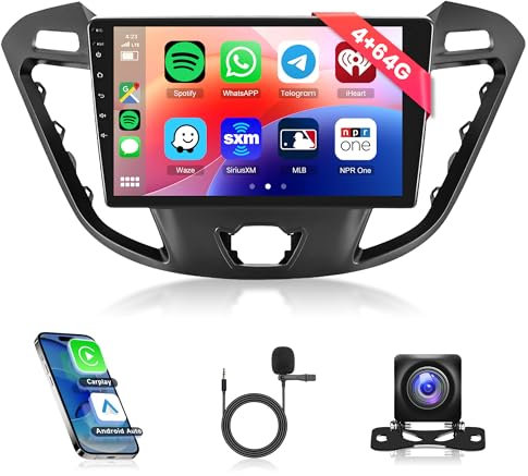 4G+64G Wireless Carplay Android 15 Autoradio 2 Din für Ford Transit Custom Tourneo 2013-2021 9 Zoll Autoradio mit Android Auto Navi GPS WIFI Mirror Link Bluetooth FM/RDS Radio 32 EQ/SWC Rückfahrkamera