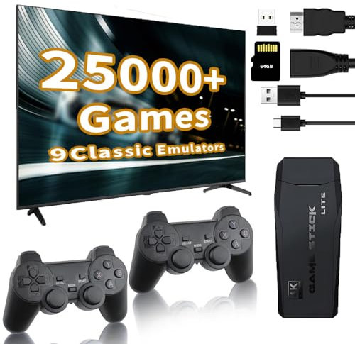Classic Retro Games Console Tv: with 64GB Built-in Card 20000+ Games - Play TV Stick with 2 Game Controllers Support 4K HD Output