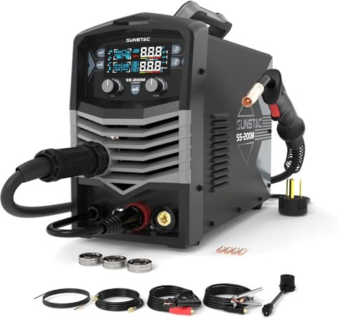 Sunstac MIG Welder, 200A Duo Voltage 5 in 1 Aluminum MIG Welding Machine, MIG/Flux Core/Spool Gun/Lift TIG/Stick, IGBT Inverter Welder Synergic Control, Digital Display (NEW VERSION)