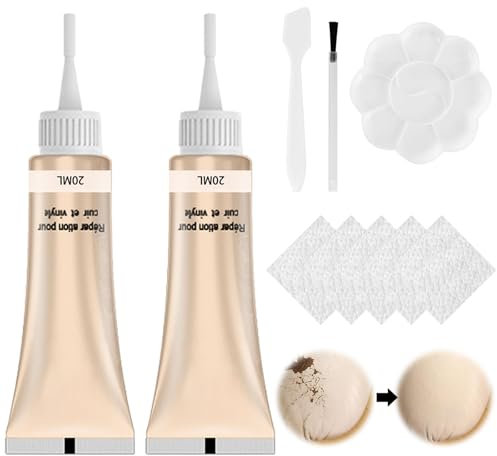 Crema de Reparación de Cuero, 2 x 20ml Juego de Reparación de Cuero, Gel de Reparación de Cuero, Leather Repair Agent Kit, para Reparar Desgarros de Muebles, Sofá, Chaqueta, Asiento de Barco, Beige