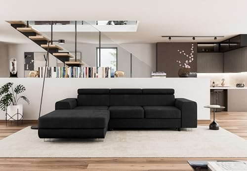 COMFORTINO FURNITURE Ecksofa mit Schlaffunktion NOTA L-Form, Sofa Couch mit Bettkasten, Eckcouch, Schlafsofa für Wohnzimmer, Big Sofa Couch mit Schlaffunktion (Schwarz, Ottomane Links)