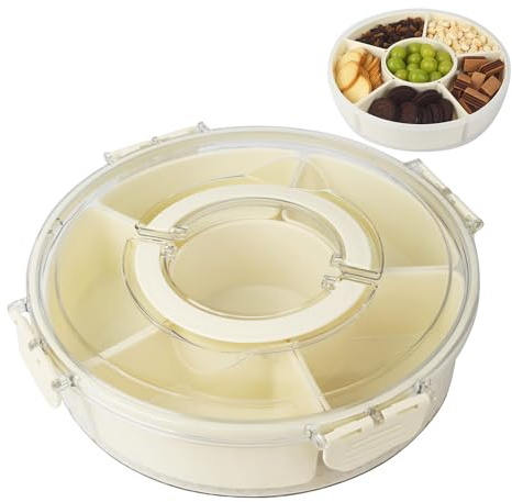 BUCOMTU Snackbox mit Fächern,360° Snackteller mit Deckel,Rund Snackbox Drehbar mit Deckel und Griff,Ideal für Kinderpicknicks und Familienfeiern, um Obst und Süßigkeiten aufzubewahren. (L)