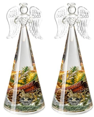 Dreamlight 2tlg Set Traumlicht Engel Figur Weihnachten Geschenk – Angel Dekofigur Weihnachtsengel Weihnachtsdeko Dekoengel Adventsdeko Tannenzapfen Zweig Braun Kugel Gold– Höhe 20 cm