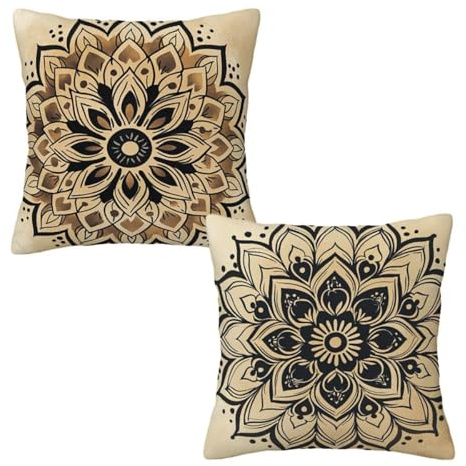 Kopfkissenbezug 80x80 cm 2er Set Braun Dekokissen Kissenbezüge, Samt Sofakissen Kopfkissenbezug, Deko Kissen Mandala Muster Beidseitiger Druck für Herbst Deko Wohnzimmer, Geschenke für Frauen W-95