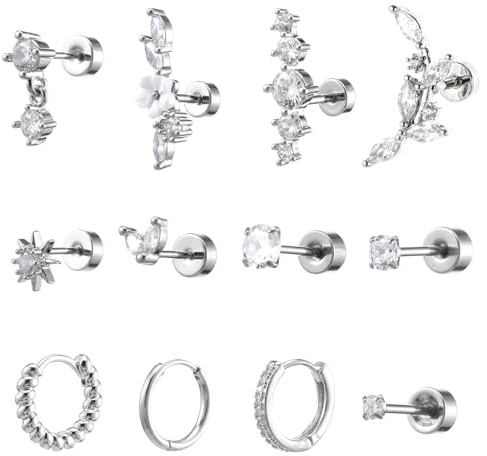 HJZHII Helix Piercing Earrings, 16G Cartilage Tragus Ear Jewellery Stainless Steel Flat Back Earring Stud Rhinestones