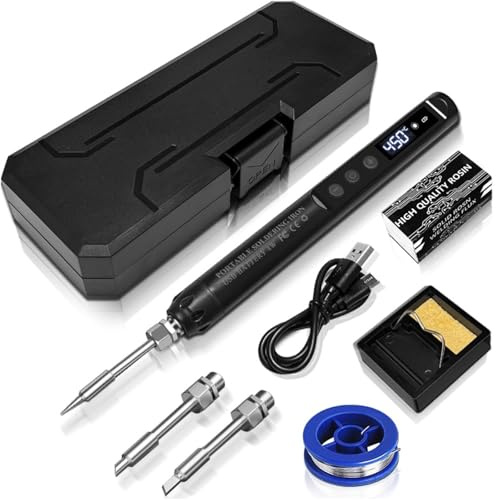 Akku Lötkolben Set USB Wiederaufladbar mit LCD Display, Einstellbare Temperatur 150–450℃, Keramischer Heizkern, 3 Lötspitzen & Lötdraht Professionelles Komplettes Lötkolben Set für Reparatur