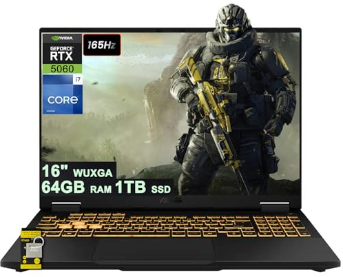 ASUS TUF Gaming F16 Laptop 16 pulgadas WUXGA IPS 165Hz (100% sRGB, GSYNC) Intel 16-core i7-14650HX 64GB DDR5 1TB SSD GeForce RTX 5060 (hasta 572 tapas AI) RGB retroiluminado Thunderbolt Hi-Res Wi-Fi6E