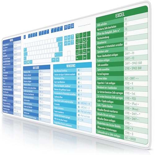 TITANWOLF - XXL Speed Gaming Mauspad 900 x 400mm - Tastatur Excel Windows Outlook Word Shortcut Tastenkürzel auf DEUTSCH - MS Keyboard Weiß
