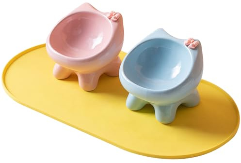 Ceramic cat bowl with mat, 2-piece set, cat shaped cat food and water container (Pink+Blue)