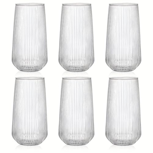 6er-Set Retro-Streifen-Highball-Gläser, 500 ml/17 oz Trinkgläser, Premium-Borosilikatglas, hitze- und kältetolerantes Tumbler-Set – Perfekte Gläser für Cocktails, Kaffee und kalte Getränke, ideal für