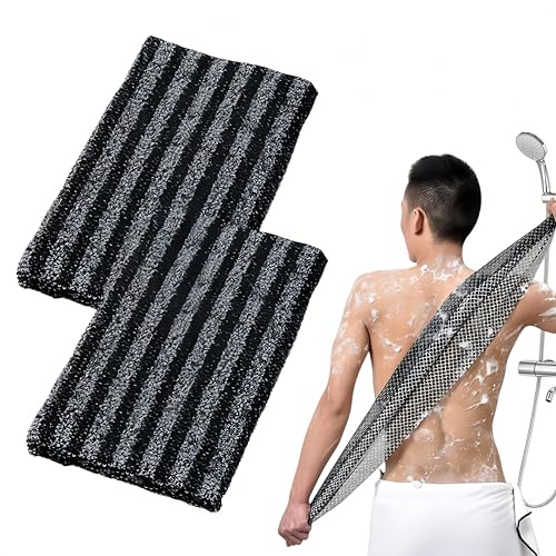 Serviette De Douche Exfoliante - Gommage Naturel en Fibre de Bambou et Charbon, Exfoliation Douce pour le Corps (Rayures noires)