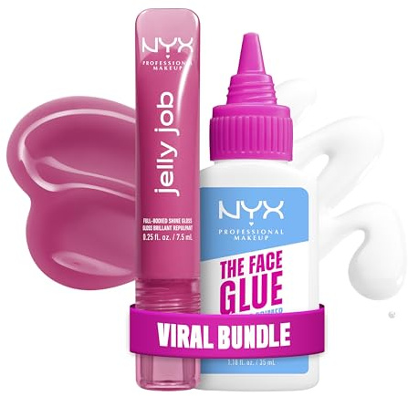 Bundle aus NYX Professional Makeup Jelly Job Peptide Infused Jelly Gloss Jelly Jammin' + The Face Glue Gripping Primer, Grundierung, Feuchtigkeitsspendender Primer für 24 Stunden Make-up-Halt, 35 ml
