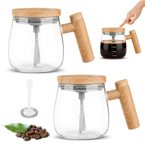 Umllpet Juego de 2 tazas de cristal de 400 ml, alta velocidad para café, leche, proteínas en polvo, self Stirring Mug, batidora de cristal con tapa, taza de café con pilas