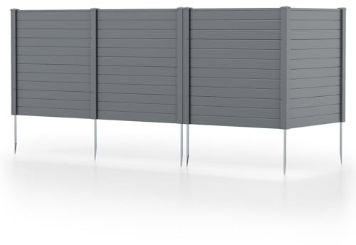 GYMAX Gartenzaun mit 3 Pfählen, 123 x 123 cm, Sichtschutzzaun aus verzinktes Metall, Steckzaun Lamellenzaun, schöner Dekozaun, freistehender Sichtschutz für Garten (Grau,2)