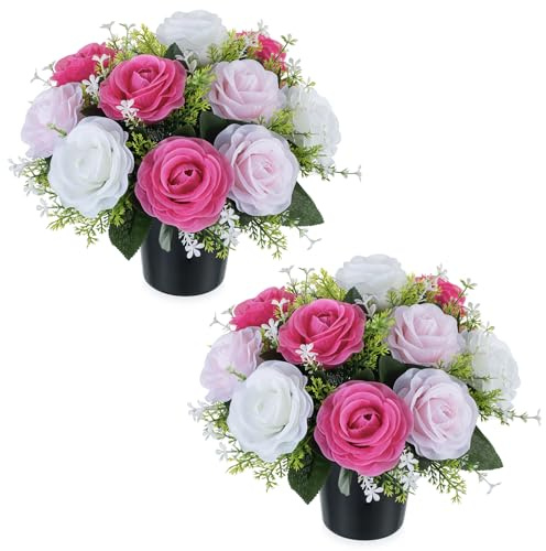 BLOSMON Artificial Flowers for Graves Pots, 2 Pcs, Pink White Roses | Weighted Grave Flower Pots Cemetery Ornaments, Fake Silk Funeral Memorial Arrangements for Outdoor Graveside Decorations
