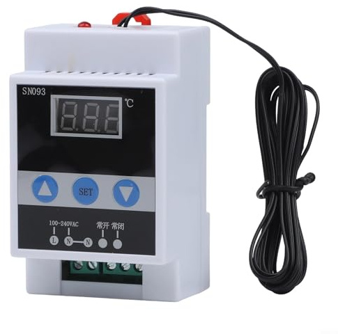 Digital Thermostat Heating Cooling, DIN Rail Temperature Switch, 110-240V AC, -45 to 110C Range, 10A Relay Output, LED Display, Metal and PC Housing for Industr(Water droplets)