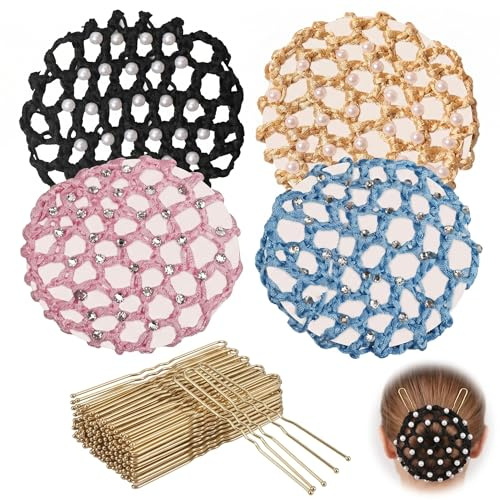 PYRUVAE 4 Stücks Haarnetz Dutt mit Strass und Perlen & 50 Goldene U-Pins – Elegantes Duttnetz für Ballett Kinder & Damen, Haarnetz Reiten Turnier, Gymnastik & Eiskunstlauf Haarschmuck Set