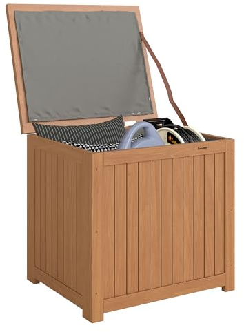 Outsunny Coffre de Rangement en Bois Massif 130L Balcon 63x51x58,5cm Brun | Doublure Amovible, Banc de Rangement pour Outils et Coussins, Terrasse, Extérieur