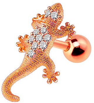 BlackAmazement Cartilage Tragus Helix Barbell Ohrstecker Gecko Eidechse Lizard 316L Edelstahl Zirkonia CZ Silber Rosegold Gold klar Damen (Rosegold)